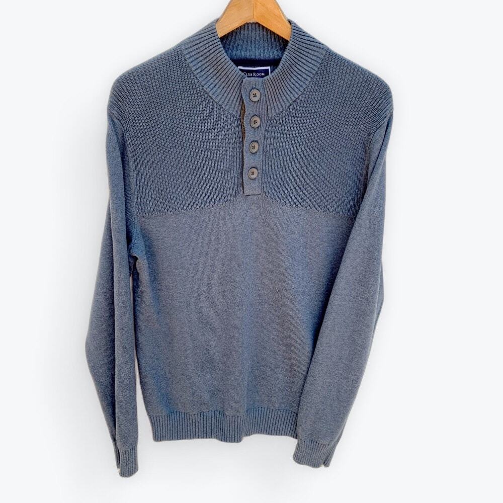 Club Room Mens L Blue Ribbed Sweater Button Mock Neck Cotton Minimalist Classic